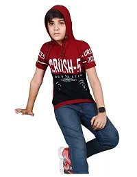 Elegant Red Cotton Printed Hooded T-Shirts For Boys-thumb1
