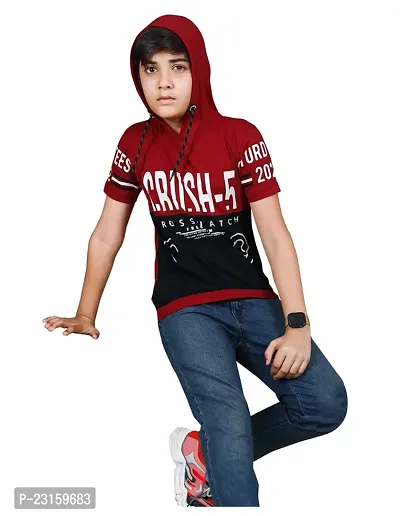 Elegant Red Cotton Printed Hooded T-Shirts For Boys-thumb2