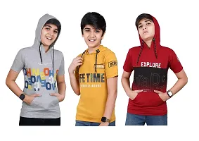 Elegant Cotton Printed Hooded T-Shirts For Boys- 3 Pieces-thumb1