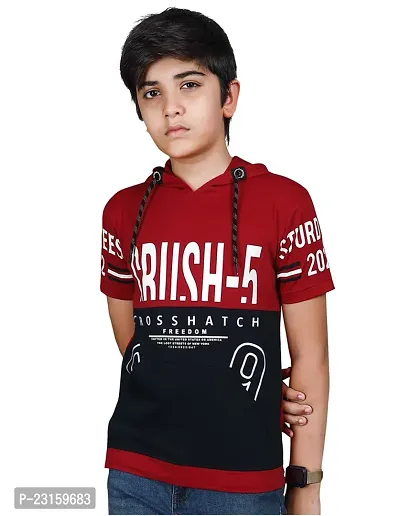 Elegant Red Cotton Printed Hooded T-Shirts For Boys-thumb0