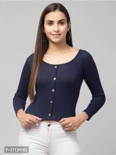 Elegant Blue Cotton Blend Solid Top For Women-thumb0
