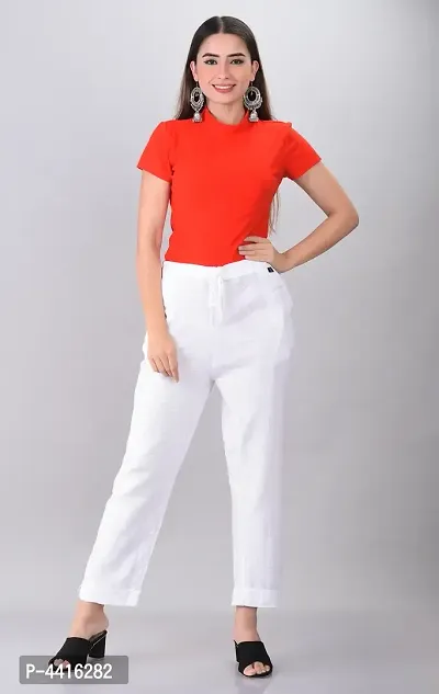 Elegant White Khadi Flex Solid Trousers For Women