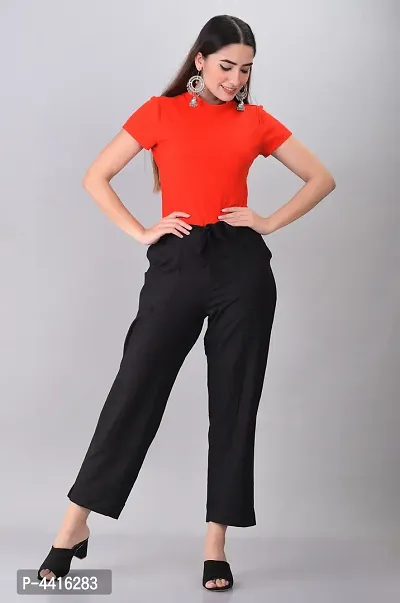 Elegant Black Cotton Flex Solid Trousers For Women