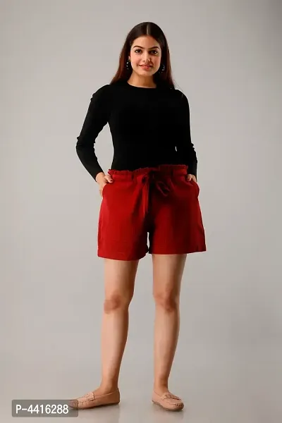 Elite Red Cotton Flex Solid Half Pant For Women
