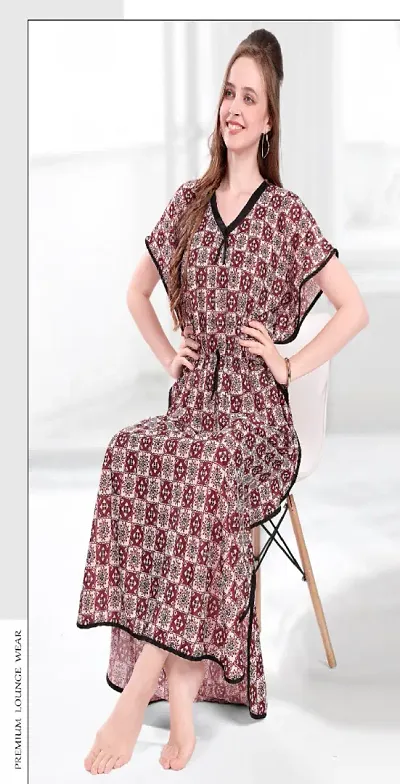 Stylish Fancy Printed Satin Kaftan Nighty For Women