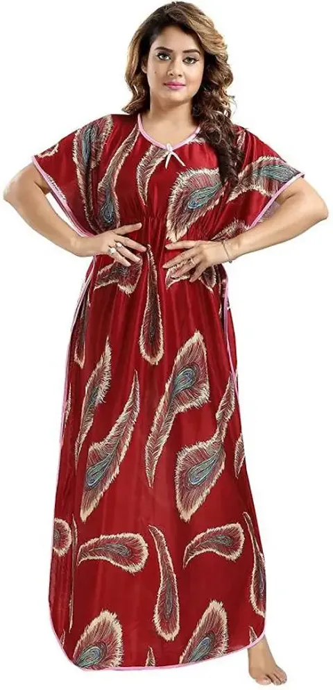 RangMor Unit of Shagun traders Women's Satin Nighty/Nightgown/Nightshirt (Maroon,Free) (Kaf004A_Feather Maroon)