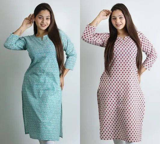 Stylish Cotton Printed Straight Kurtis - Pack Of 2