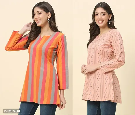 Stylish Multicoloured Cotton Striped Stitched Kurta For Women Pack Of 2-thumb0