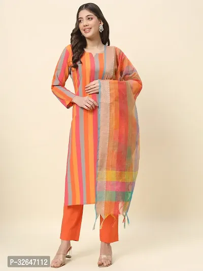 Stylish Multicoloured Cotton Kurta, Bottom And Dupatta Set For Women-thumb0