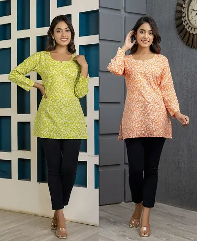 Stylish Cotton Blend Floral Printed Straight Kurtis - Pack Of 2