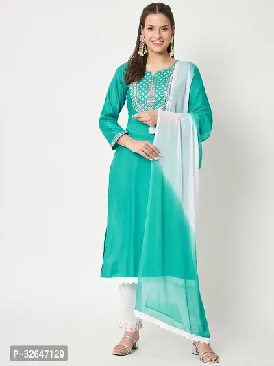 Stylish Green Viscose Rayon Kurta, Bottom And Dupatta Set For Women-thumb0