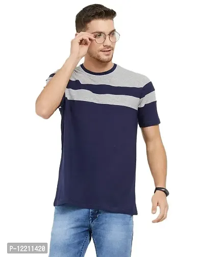 LEWEL Men's Colorblock Half Sleeve T-Shirts (Dark Blue, Blue, Grey) Small