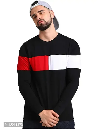 LEWEL Men's Colorblock Full Sleeve T-Shirt (Navy Black, Red, White) Extra Large