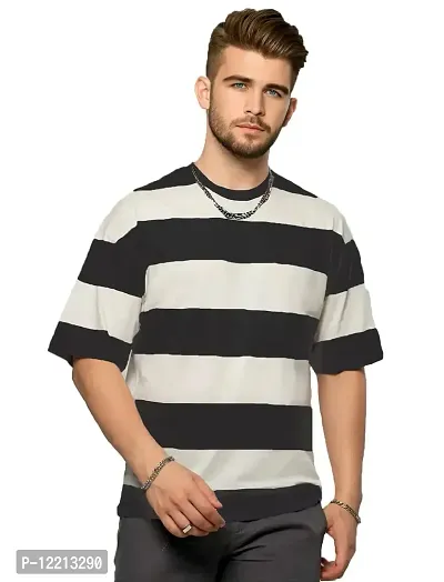 LEWEL Men's Stylish Three Fourth Sleeve Striped Boxy Fit T-Shirt (Black, White; Small)