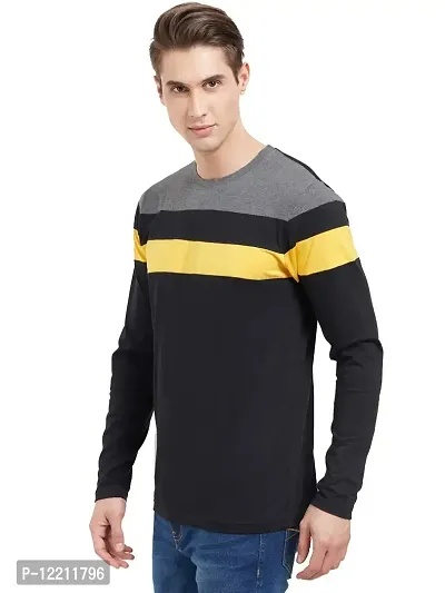 LEWEL Men's Colorblock Full Sleeve T-Shirts (Grey, Black, Yellow) Small-thumb3