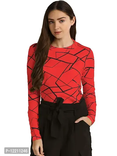 LEWEL Women's Cotton Printed Full Sleeve T-Shirt (Red) Large