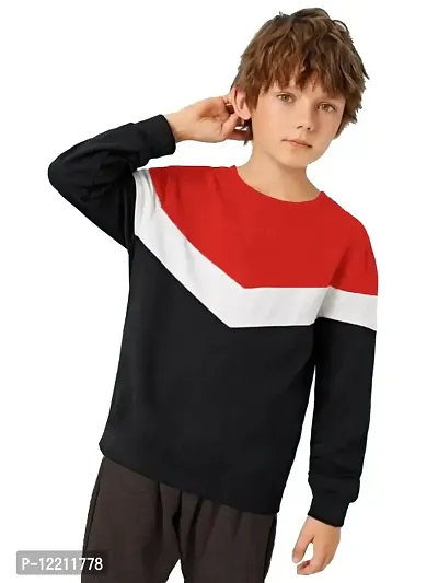 LEWEL Boy's Cotton Round Neck Color Block T-Shirt (Red, White, Black) 10-11 Years