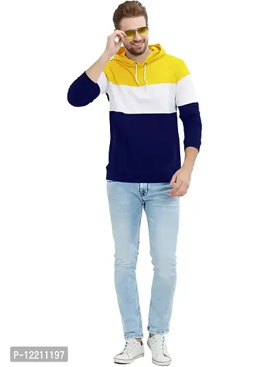 LEWEL Men's Stylish Colorblock Hooded Full Sleeve T-Shirts (Yellow, White,Blue)-thumb4