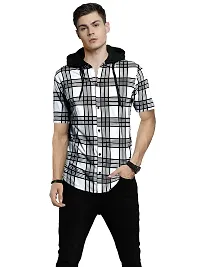 LEWEL Men's Hooded Stylish Checkered Half Sleeve Shirt (White, Small)-thumb3