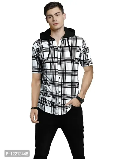 LEWEL Men's Hooded Stylish Checkered Half Sleeve Shirt (White, Small)-thumb4