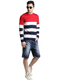 LEWEL Men Cotton Round Neck Full Sleeve Color Blocked T-Shirt (Red, White, Navy) X-Large-thumb3