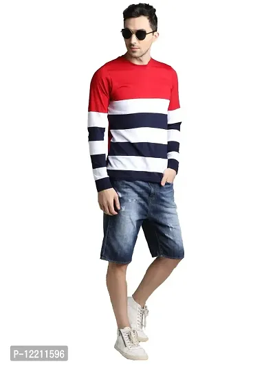 LEWEL Men Cotton Round Neck Full Sleeve Color Blocked T-Shirt (Red, White, Navy) X-Large-thumb4