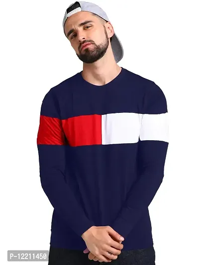 LEWEL Men's Colorblock Full Sleeve T-Shirt (Navy Blue, Red, White) Large-thumb0