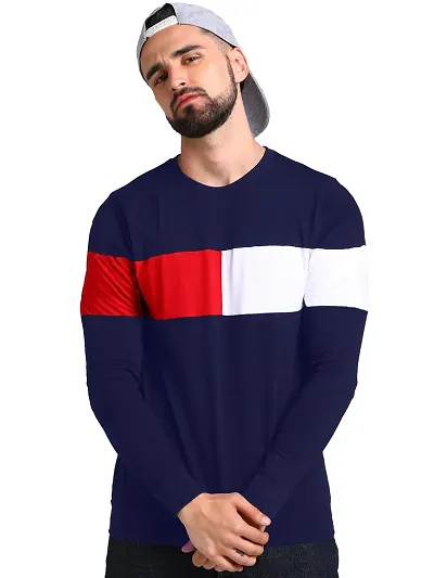 LEWEL Men's Colorblock Full Sleeve T-Shirt (Navy Blue, Red, White) Large