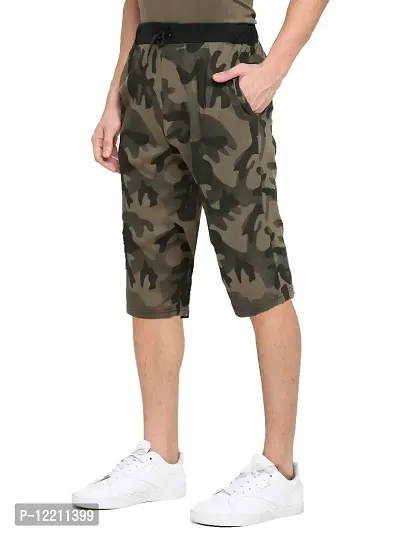 LEWEL Men's Cotton Printed Camouflage Three Fourth Shorts - 3/4 - Olive (Medium)