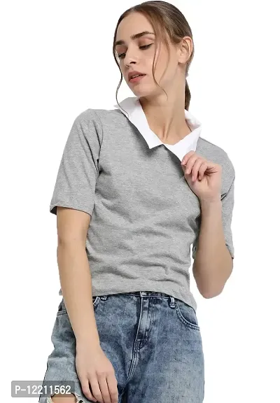 LEWEL Women Stylish Cropped Length Solid Collared T-Shirt : Grey (Large)