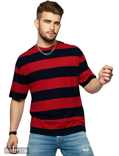 LEWEL Men's Stylish Three Fourth Sleeve Striped Boxy Fit T-Shirt (Red, Navy; Large)