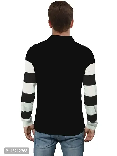 LEWEL Men's Stylish Cotton Striped Polo Neck T-Shirt (White, Black; Small)-thumb3