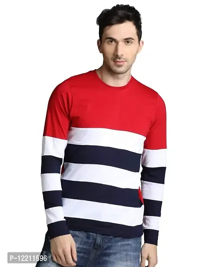 LEWEL Men Cotton Round Neck Full Sleeve Color Blocked T-Shirt (Red, White, Navy) X-Large