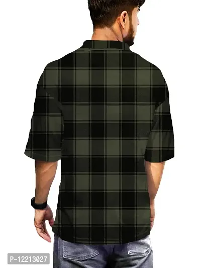 LEWEL Men's Collared Neck Stylish Checkered Boxy T-Shirt (Olive, Small)-thumb2