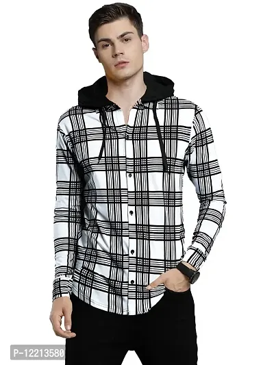 LEWEL Men's Stylish Hooded Neck Checked Buttoned Down T-Shirt (White, Black) X-Large-thumb0