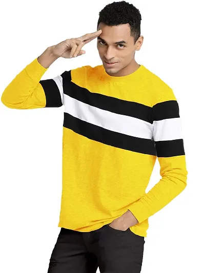 LEWEL Men's Round Neck Colorblock T-Shirt (Extra Large) Yellow, Black,