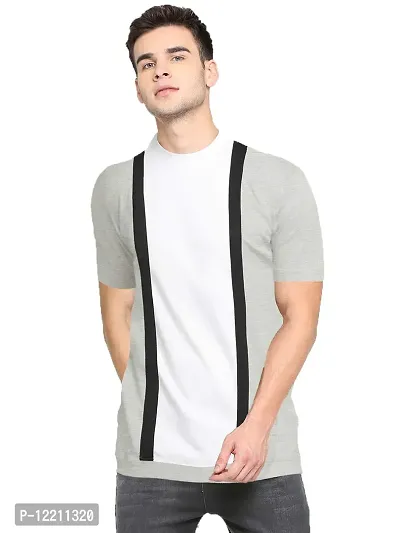 LEWEL Men's Cotton Colorblock Round Neck Half Sleeve T-Shirt : Grey, White (Medium)