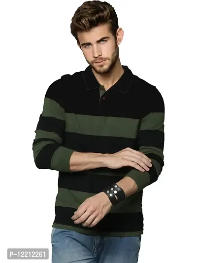 LEWEL Men's Stylish Cotton Striped Polo Neck T-Shirt (Olive Green, Black; X-Large)-thumb0