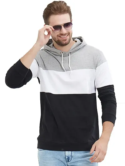 LEWEL Men's Cotton Colorblock Hooded T-Shirt (Black, White, Grey) Large
