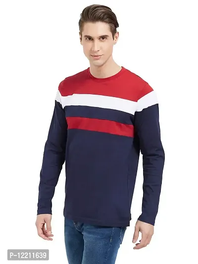 LEWEL Men's Colorblock Full Sleeve T-Shirts (Red, White, Dark Blue) Small