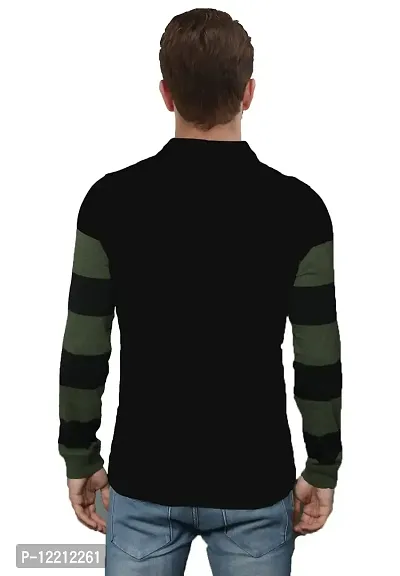 LEWEL Men's Stylish Cotton Striped Polo Neck T-Shirt (Olive Green, Black; X-Large)-thumb3