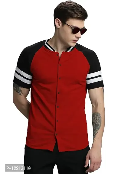 LEWEL Men's Cotton Round Neck Stylish Half Sleeve T-Shirt : Red, Black (Large)