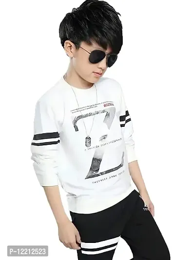 LEWEL Boy's Stylish Printed Full Sleeve T-Shirt (White, 13-14 Years)