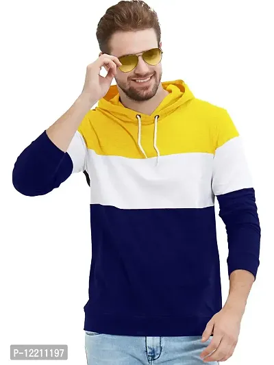 LEWEL Men's Stylish Colorblock Hooded Full Sleeve T-Shirts (Yellow, White,Blue)