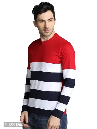 LEWEL Men Cotton Round Neck Full Sleeve Color Blocked T-Shirt (Red, White, Navy) X-Large-thumb2