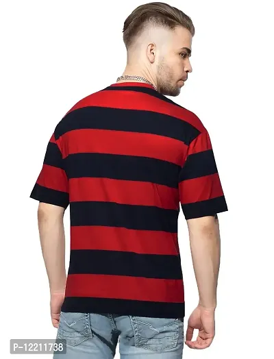 LEWEL Men's Stylish Three Fourth Sleeve Striped Boxy Fit T-Shirt (Red, Navy; Large)-thumb2