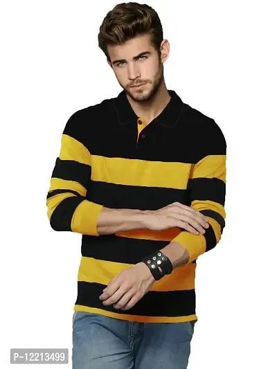 LEWEL Men's Stylish Colorblocked Polo Full Sleeve T-Shirt (Yellow, Black; Large)