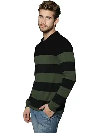 LEWEL Men's Stylish Colorblocked Polo Full Sleeve T-Shirt (Olive, Black; Medium)-thumb1