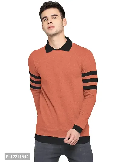 LEWEL Men's Cotton Collared Neck Self Design T-Shirt - Rust (Small)-thumb0