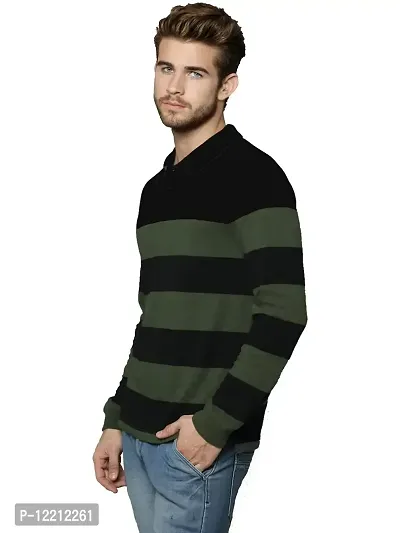 LEWEL Men's Stylish Cotton Striped Polo Neck T-Shirt (Olive Green, Black; X-Large)-thumb2